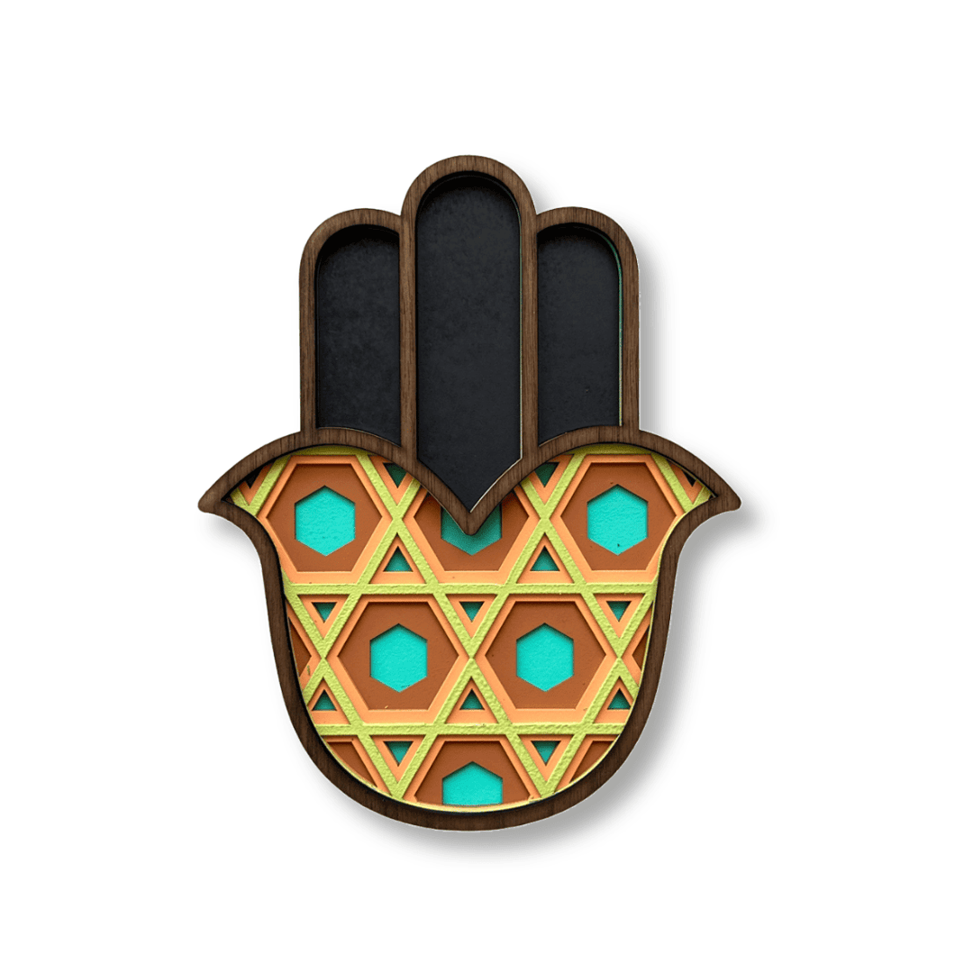 Hamsa #13 orange et turquoise – masque mural en bois fait main, Umasqu