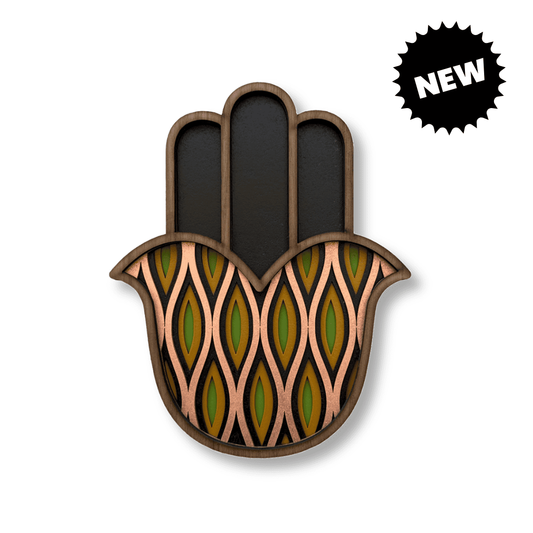 Hamsa #14 cuivre, vert et noir – masque mural en bois fait main, Umasqu