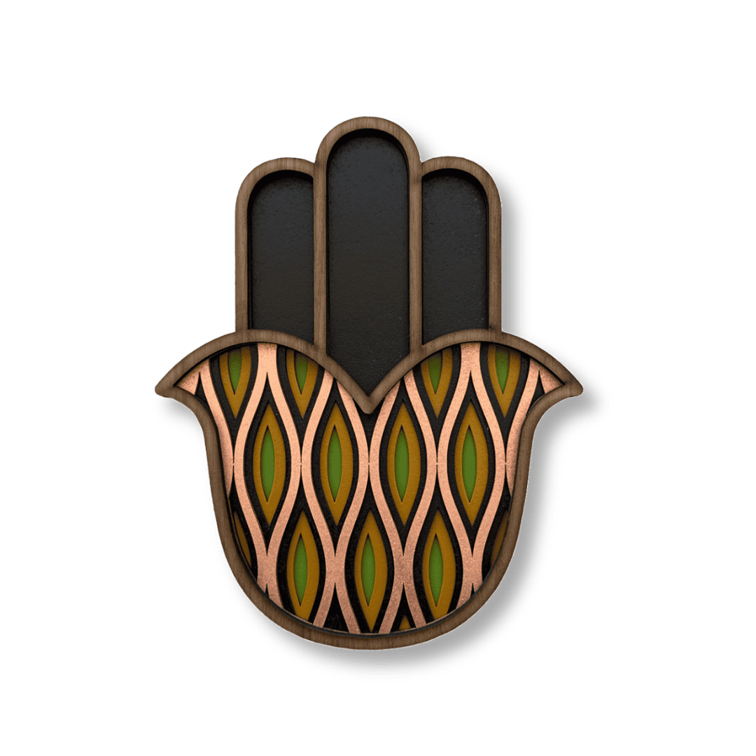 Hamsa #14 cuivre, vert et noir – masque mural en bois fait main, Umasqu