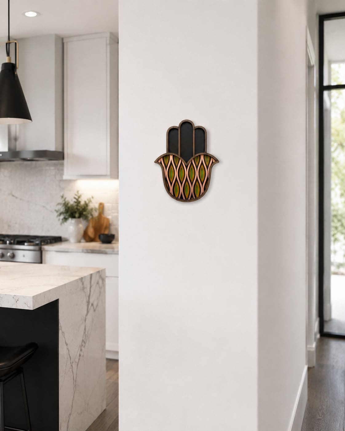 Hamsa #14 cuivre, vert et noir – masque mural en bois fait main, Umasqu