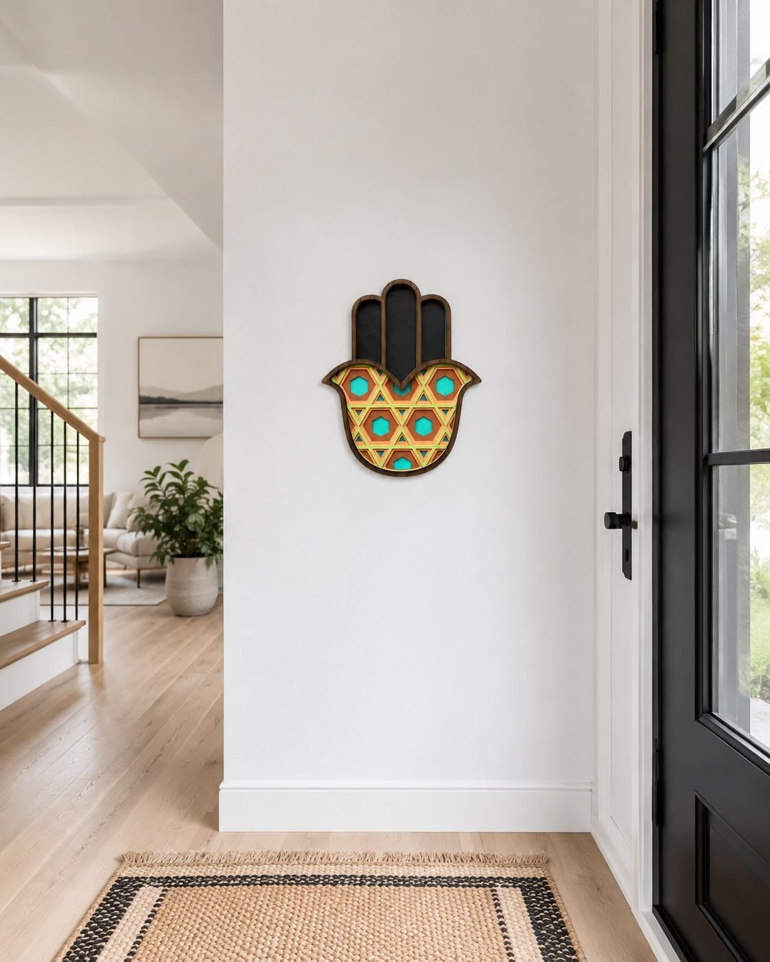 Hamsa #13 orange et turquoise – masque mural en bois fait main, Umasqu